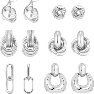 6 Pairs Gold Dangle Earrings for Women, 14K Gold Plated Earrings Geometric Knot Drop Huggie Earrings Trendy Jewelry Gifts