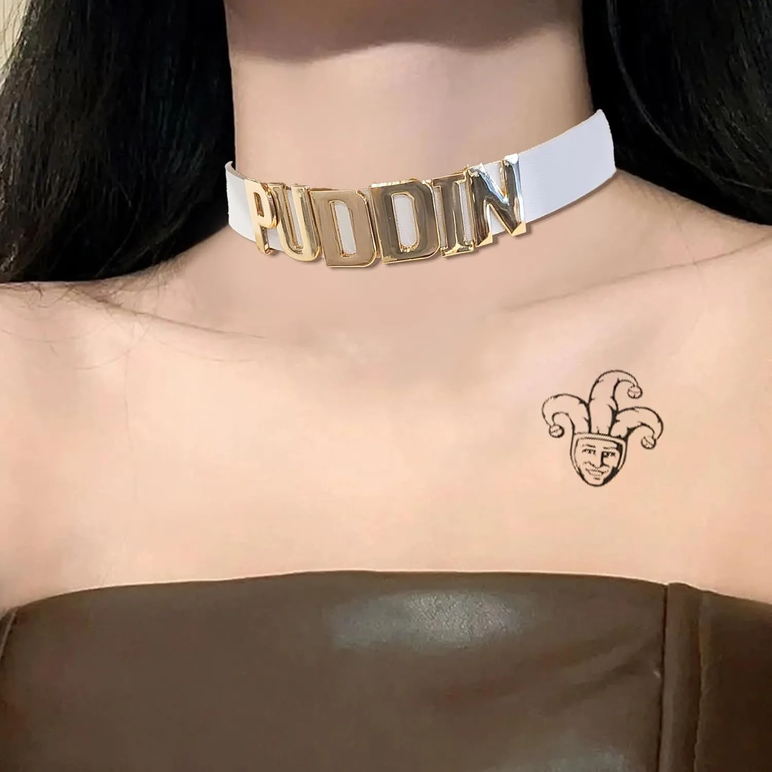 6 PCS Harley Puddin Choker Halloween Leather Necklace Set Metal Adjustable Rivets Spike Bracelet Punk Style Joker Quinn Jewelry Costume Tattoos Stickers Cosplay Accessories for Women