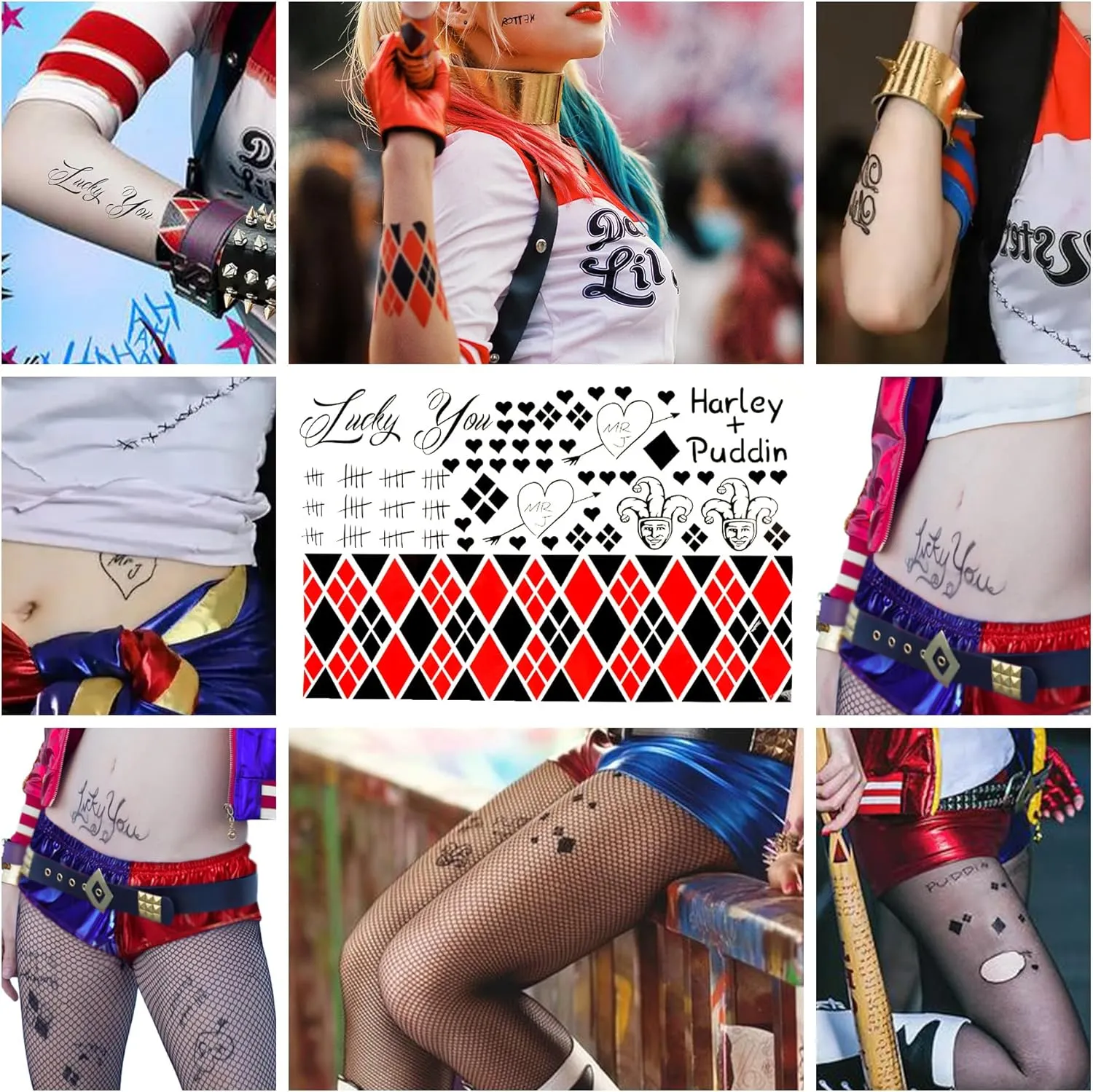 6 PCS Harley Puddin Choker Halloween Leather Necklace Set Metal Adjustable Rivets Spike Bracelet Punk Style Joker Quinn Jewelry Costume Tattoos Stickers Cosplay Accessories for Women