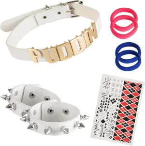 6 PCS Harley Puddin Choker Halloween Leather Necklace Set Metal Adjustable Rivets Spike Bracelet Punk Style Joker Quinn Jewelry Costume Tattoos Stickers Cosplay Accessories for Women