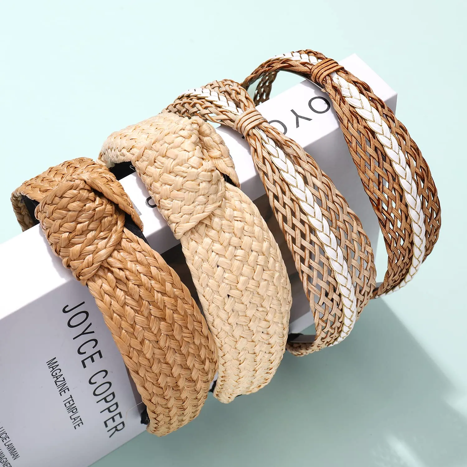 6Pack Straw Knotted Headband Rattan Earrings Set, Boho Woven Straw Raffia Rattan Hairbands, Wide Top Knot Headbands for Women Summer Beach Hair Accessory (4PCS 2Pairs)