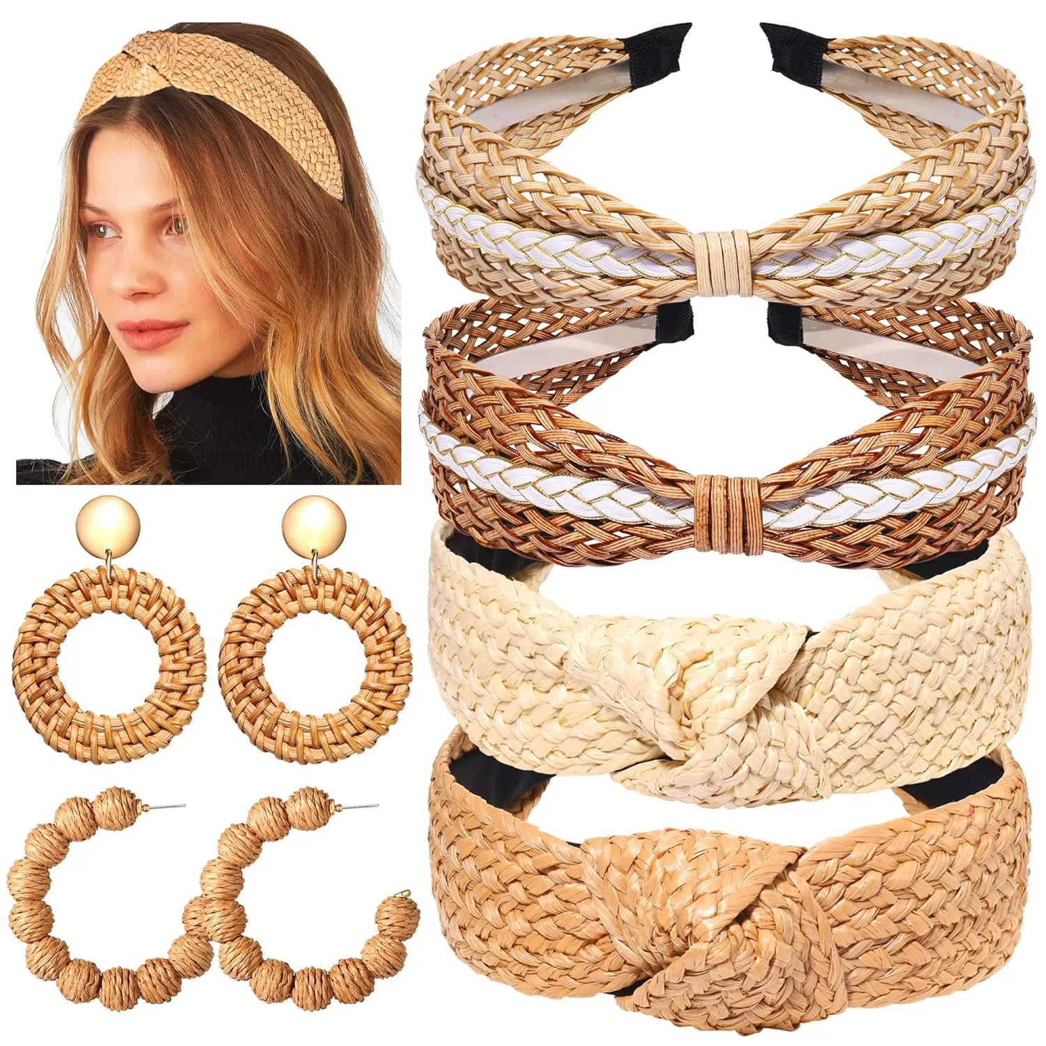 6Pack Straw Knotted Headband Rattan Earrings Set, Boho Woven Straw Raffia Rattan Hairbands, Wide Top Knot Headbands for Women Summer Beach Hair Accessory (4PCS 2Pairs)