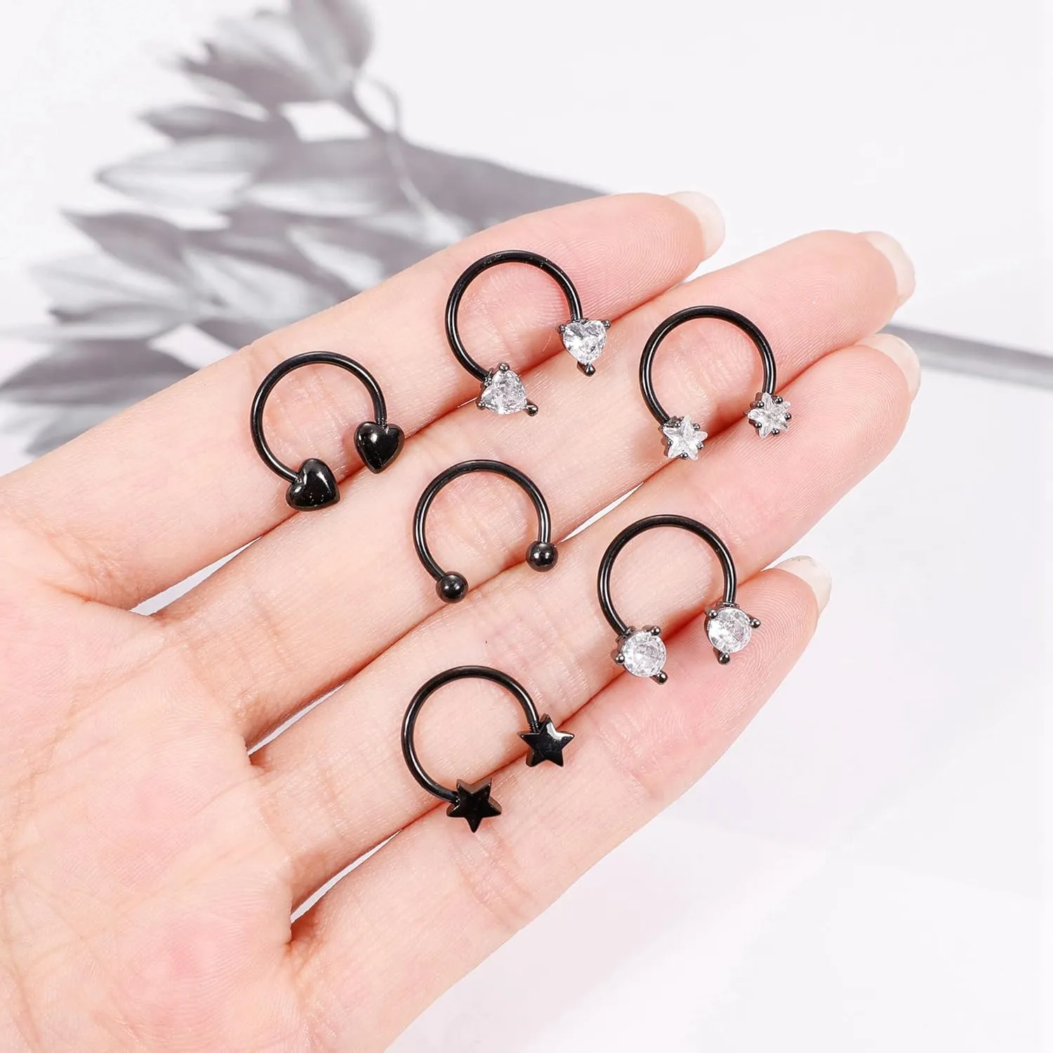 6Pcs 16G Surgical Steel Septum Rings for Women Men Horseshoe Septum Nose Rings CZ Cartilage Helix Earrings Hoop Star Heart Septum Piercing Jewelry 10mm