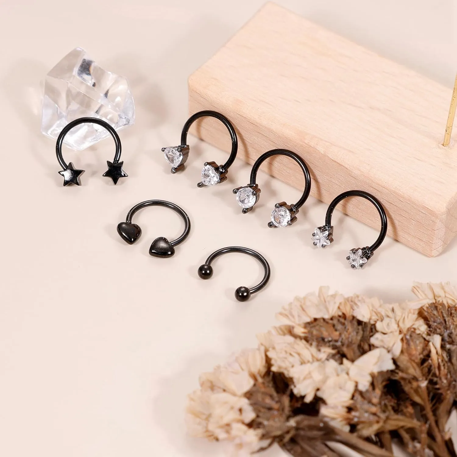 6Pcs 16G Surgical Steel Septum Rings for Women Men Horseshoe Septum Nose Rings CZ Cartilage Helix Earrings Hoop Star Heart Septum Piercing Jewelry 10mm