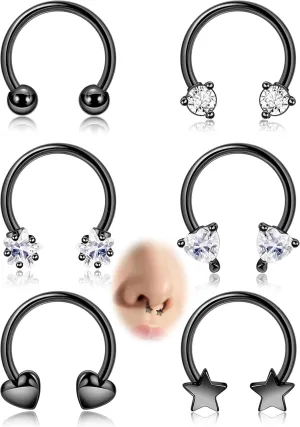 6Pcs 16G Surgical Steel Septum Rings for Women Men Horseshoe Septum Nose Rings CZ Cartilage Helix Earrings Hoop Star Heart Septum Piercing Jewelry 10mm