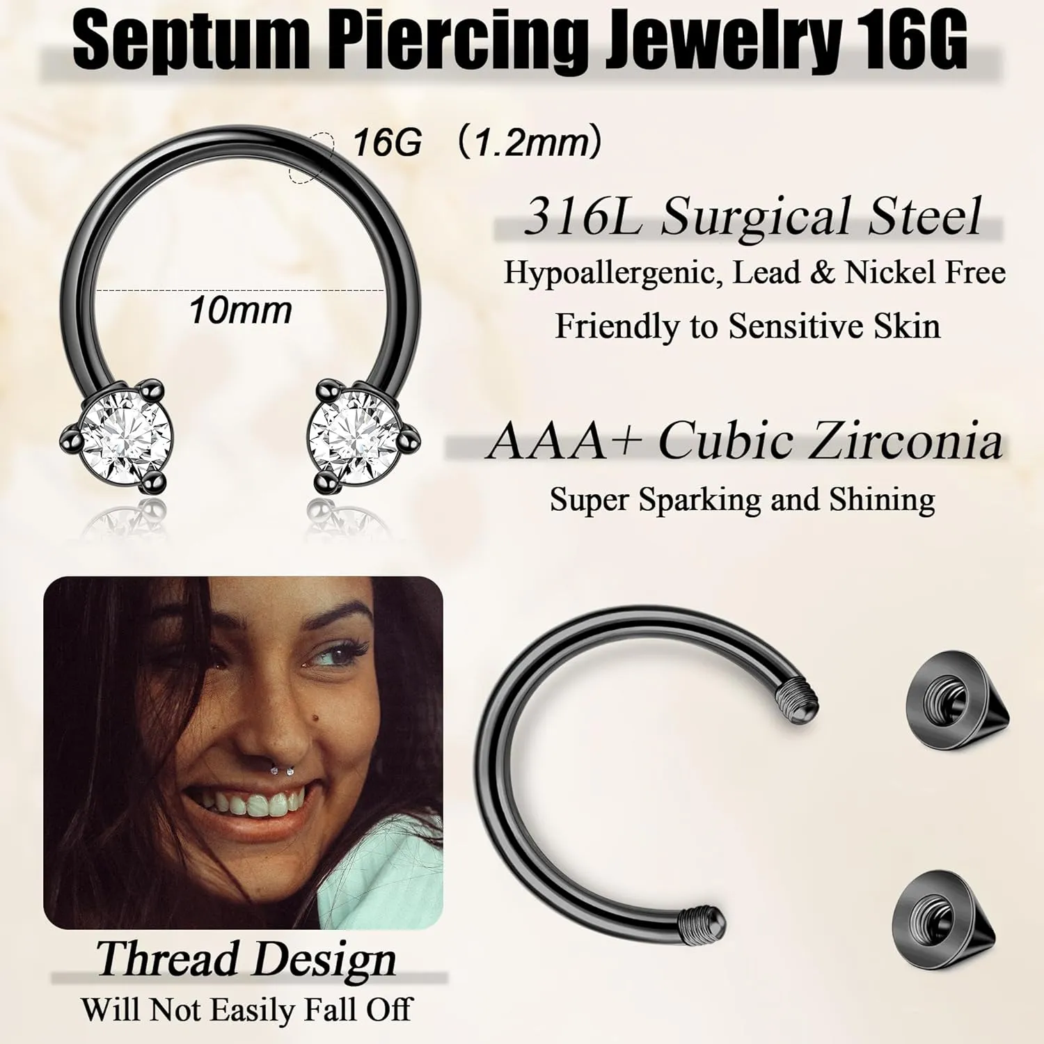 6Pcs 16G Surgical Steel Septum Rings for Women Men Horseshoe Septum Nose Rings CZ Cartilage Helix Earrings Hoop Star Heart Septum Piercing Jewelry 10mm