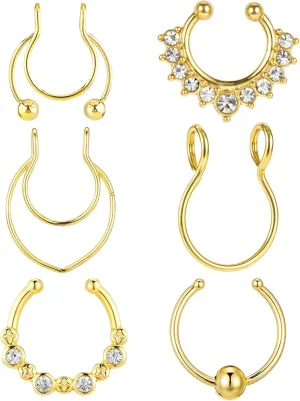 6PCS Fake Piercings Fake Nose Ring Gold Fake Septum Ring Fake Septum Piercing Fake Nose Piercings Fake Nose Ring Clip On Septum Nose Ring Faux Septum Piercing for Women Non Piercing