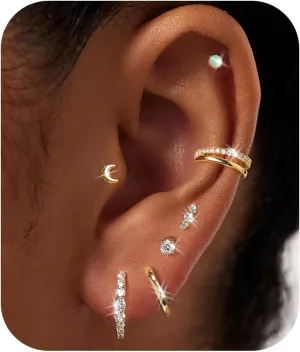 7 Pairs Gold Earrings Set for Women Trendy,Hypoallergenic Surgical Steel Flat Back Cartilage Earring Sets for Multiple Piercing,Lightweight Small Silver Gold Ear Cuff Huggie Hoop Stud Earrings Stacks