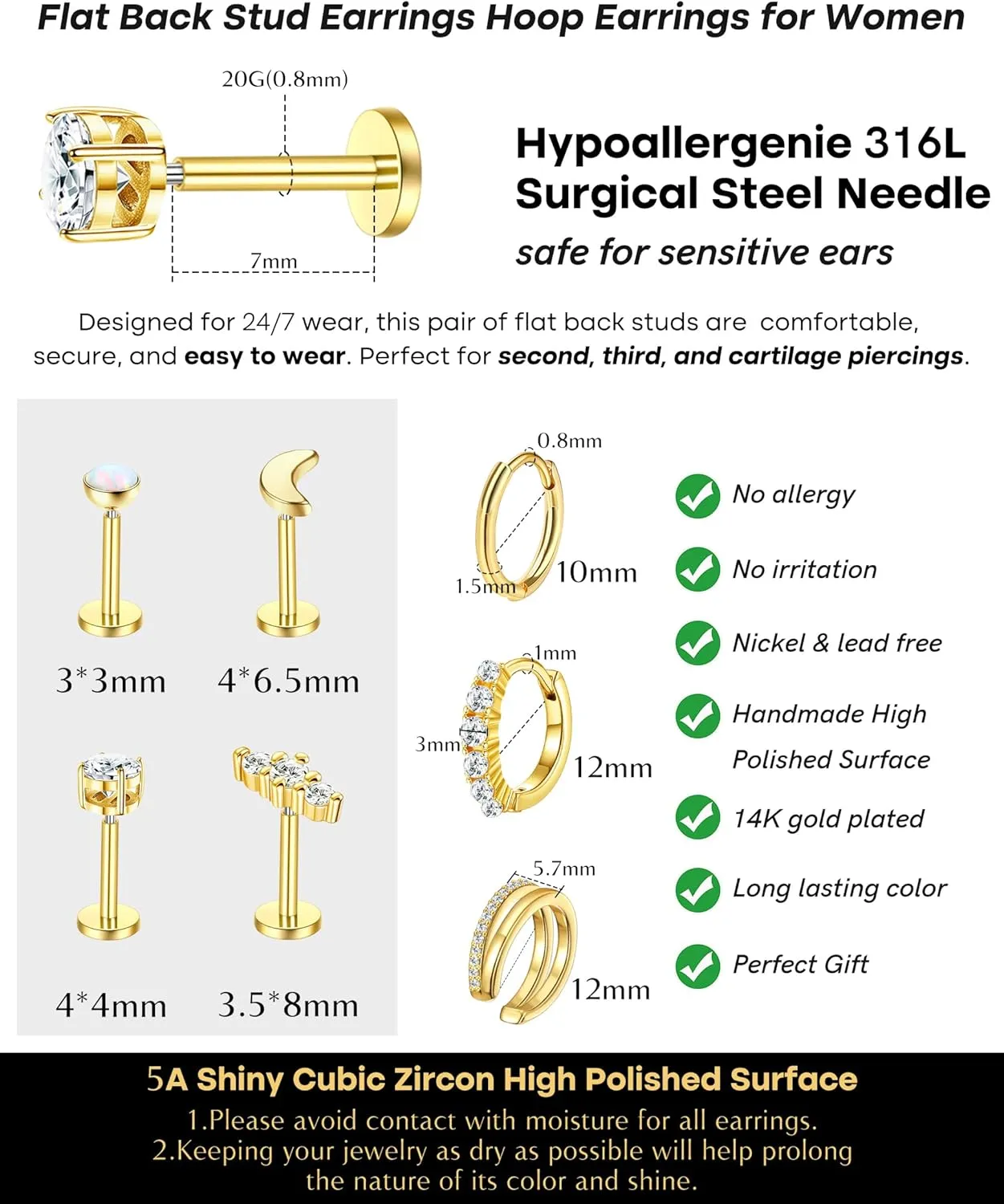 7 Pairs Gold Earrings Set for Women Trendy,Hypoallergenic Surgical Steel Flat Back Cartilage Earring Sets for Multiple Piercing,Lightweight Small Silver Gold Ear Cuff Huggie Hoop Stud Earrings Stacks