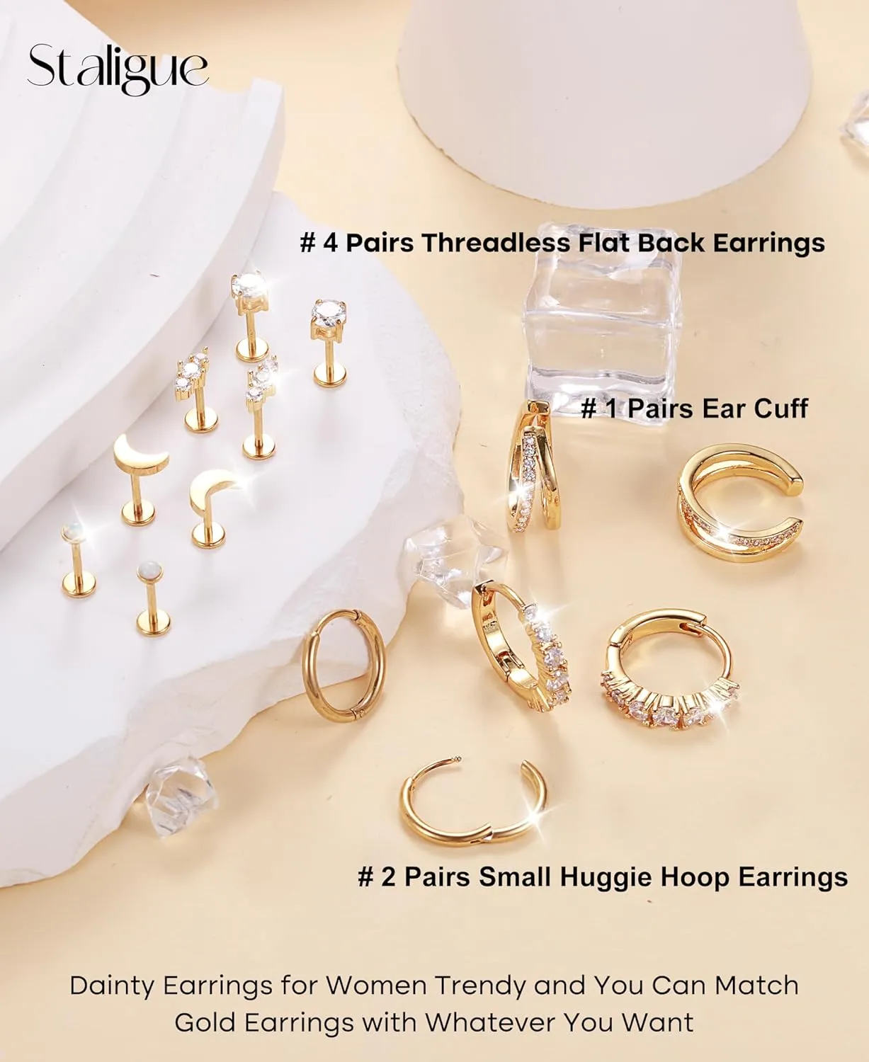 7 Pairs Gold Earrings Set for Women Trendy,Hypoallergenic Surgical Steel Flat Back Cartilage Earring Sets for Multiple Piercing,Lightweight Small Silver Gold Ear Cuff Huggie Hoop Stud Earrings Stacks
