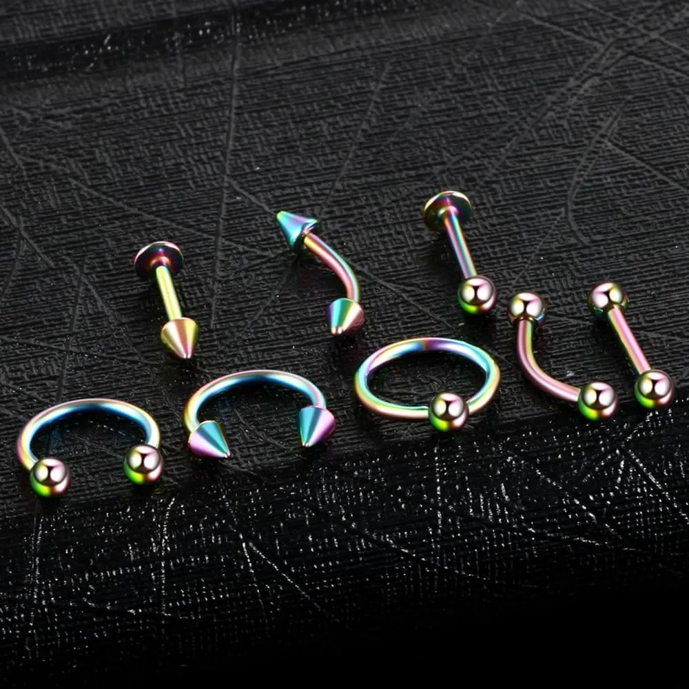 8 PCS 16G Silver Surgical Steel Straight Curved Barbells Horseshoe Spike Snake Eyes Tongue Nipple belly Eyebrow Nose Rings Tragus Earring Cartilage Mouth Hoops Piercing Jewelry Women Men Rings