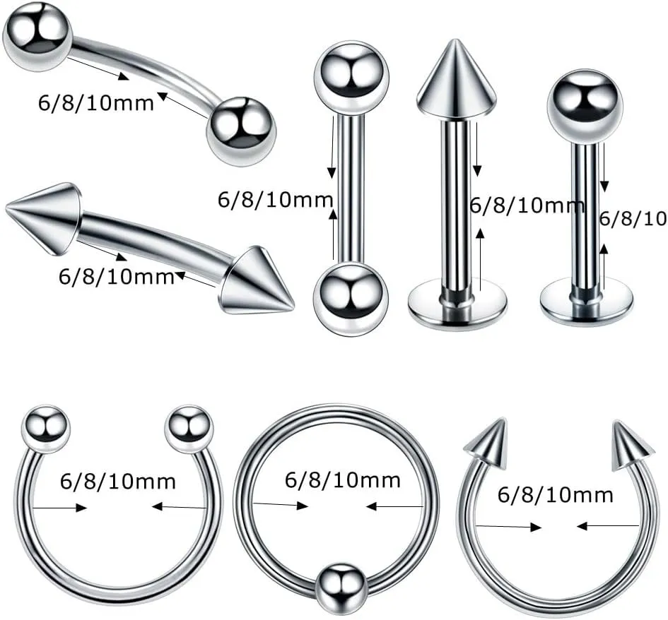 8 PCS 16G Silver Surgical Steel Straight Curved Barbells Horseshoe Spike Snake Eyes Tongue Nipple belly Eyebrow Nose Rings Tragus Earring Cartilage Mouth Hoops Piercing Jewelry Women Men Rings