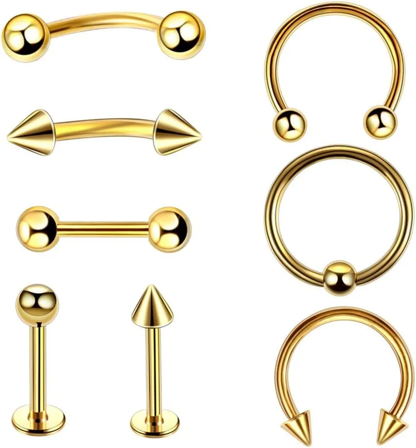 8 PCS 16G Silver Surgical Steel Straight Curved Barbells Horseshoe Spike Snake Eyes Tongue Nipple belly Eyebrow Nose Rings Tragus Earring Cartilage Mouth Hoops Piercing Jewelry Women Men Rings