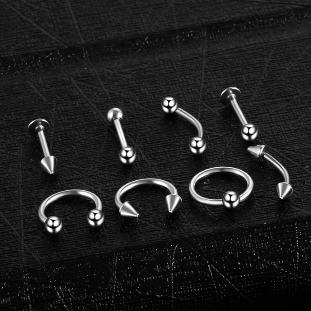 8 PCS 16G Silver Surgical Steel Straight Curved Barbells Horseshoe Spike Snake Eyes Tongue Nipple belly Eyebrow Nose Rings Tragus Earring Cartilage Mouth Hoops Piercing Jewelry Women Men Rings
