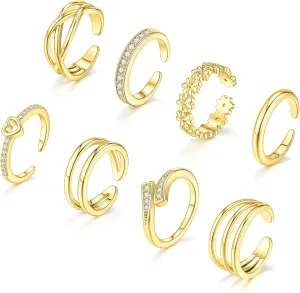 8 Pcs Toe Rings for Women 14K Gold Silver Toe Ring Non Tarnish Simple Open Adjustable Band Toe Rings Set Beach Foot Jewelry for Summer