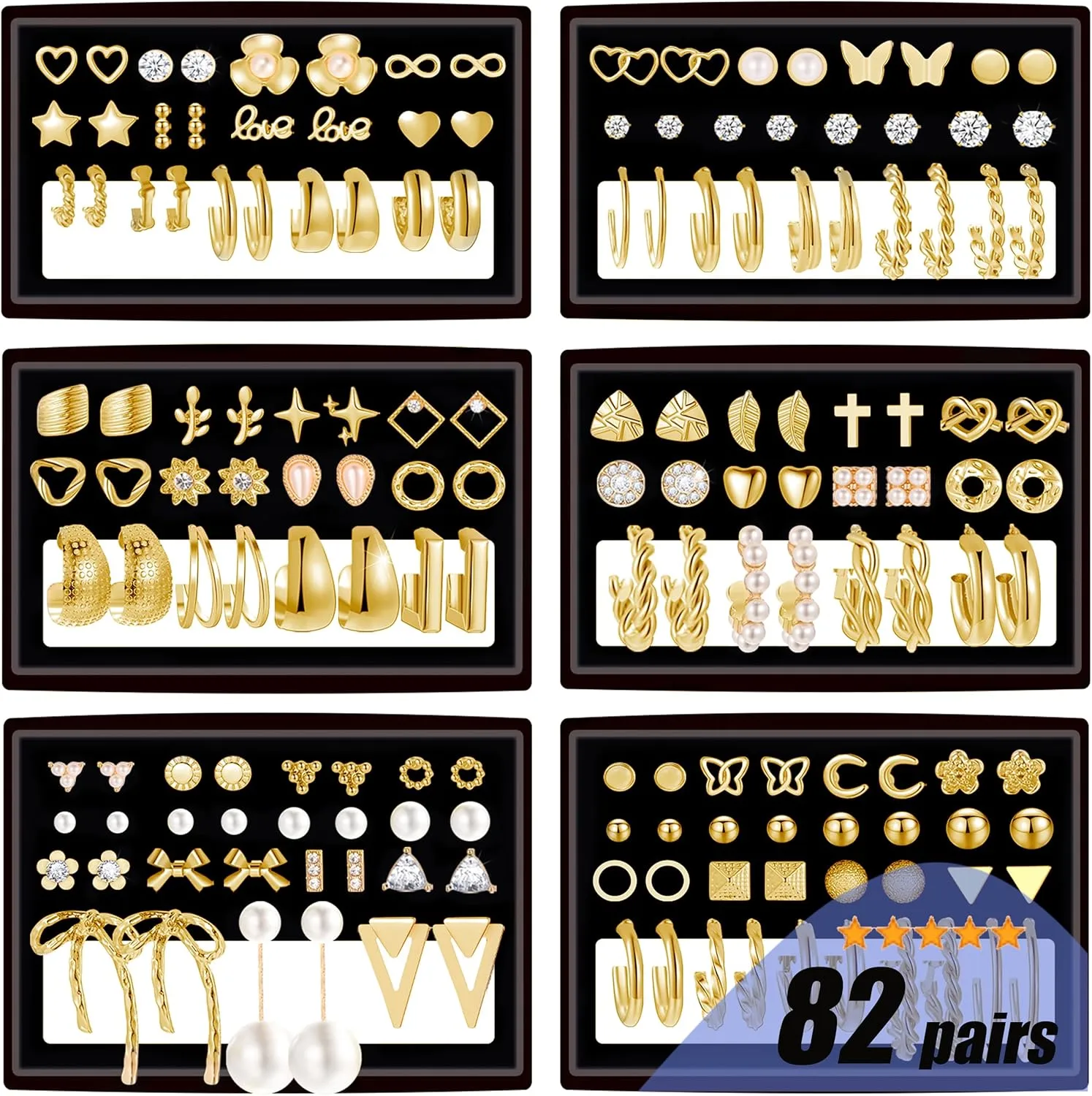 82 Pairs Gold Earrings for Women Trendy, Pearl Bow Small Hoop Stud Earrings Pack, Earring Set Multiple Piercing for Birthday Party Gift
