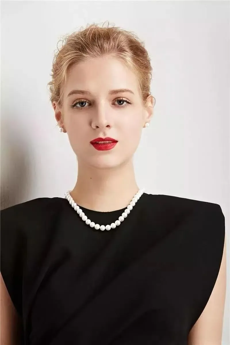 8mm 10mm Faux Pearl Necklace Earrings Set for Women White Black Round Glass Pearl Wedding Jewelry Gifts