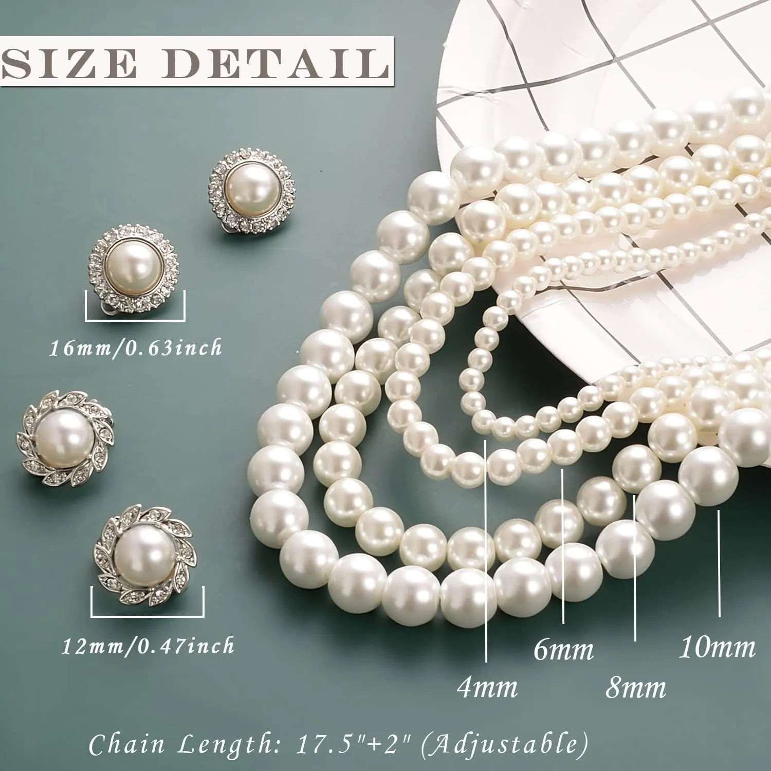 8mm 10mm Faux Pearl Necklace Earrings Set for Women White Black Round Glass Pearl Wedding Jewelry Gifts