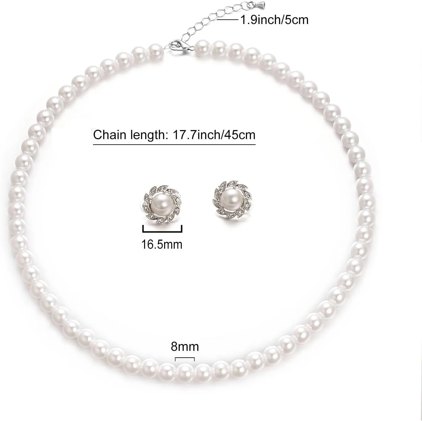 8mm 10mm Faux Pearl Necklace Earrings Set for Women White Black Round Glass Pearl Wedding Jewelry Gifts