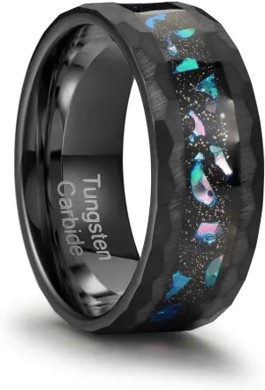 8mm Men's Tungsten Carbide Ring Gold/Black Hammered Meteorite Shavings Gold Foil Inlay Galaxy Nebula Green Opal Engagement Wedding Ring Matte Finish Comfortable Fit