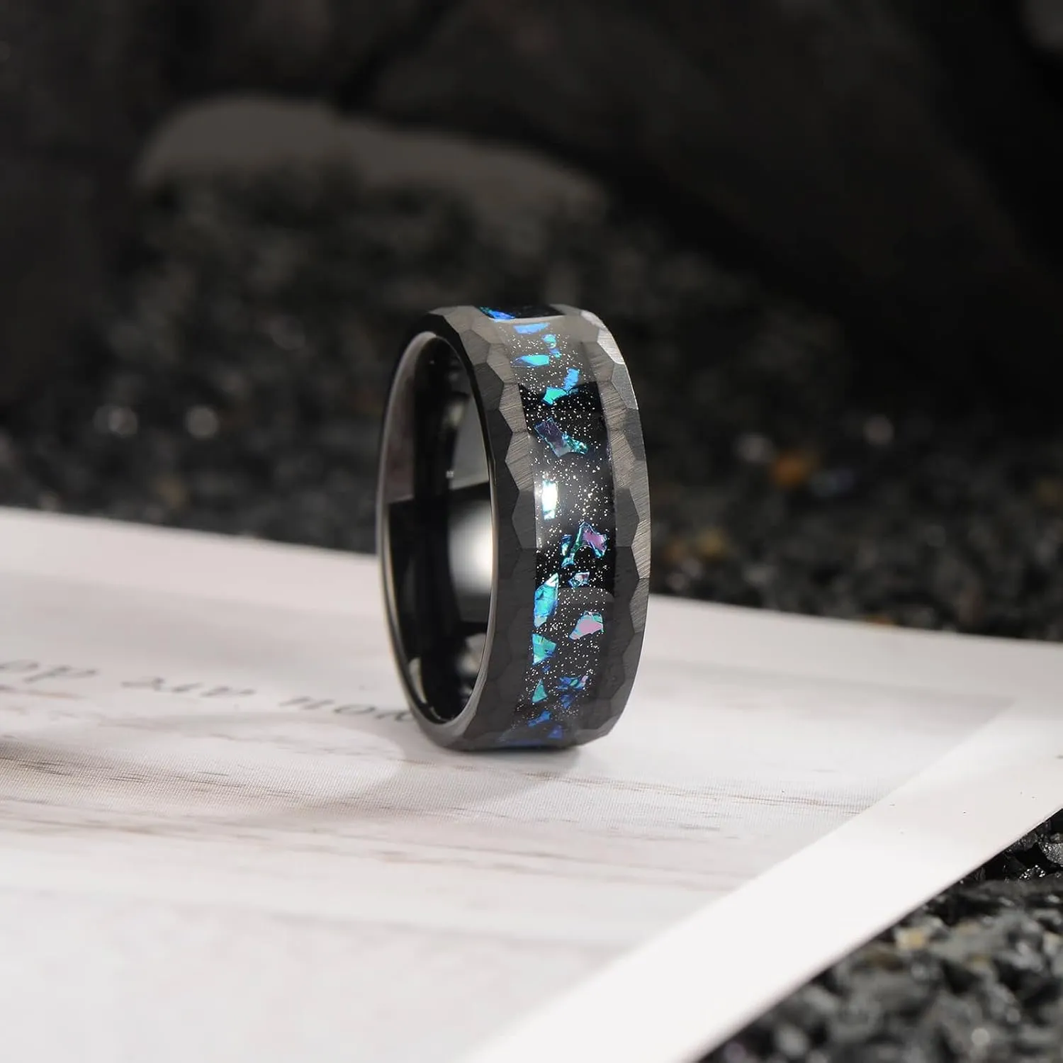 8mm Men's Tungsten Carbide Ring Gold/Black Hammered Meteorite Shavings Gold Foil Inlay Galaxy Nebula Green Opal Engagement Wedding Ring Matte Finish Comfortable Fit