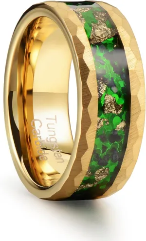 8mm Men's Tungsten Carbide Ring Gold/Black Hammered Meteorite Shavings Gold Foil Inlay Galaxy Nebula Green Opal Engagement Wedding Ring Matte Finish Comfortable Fit