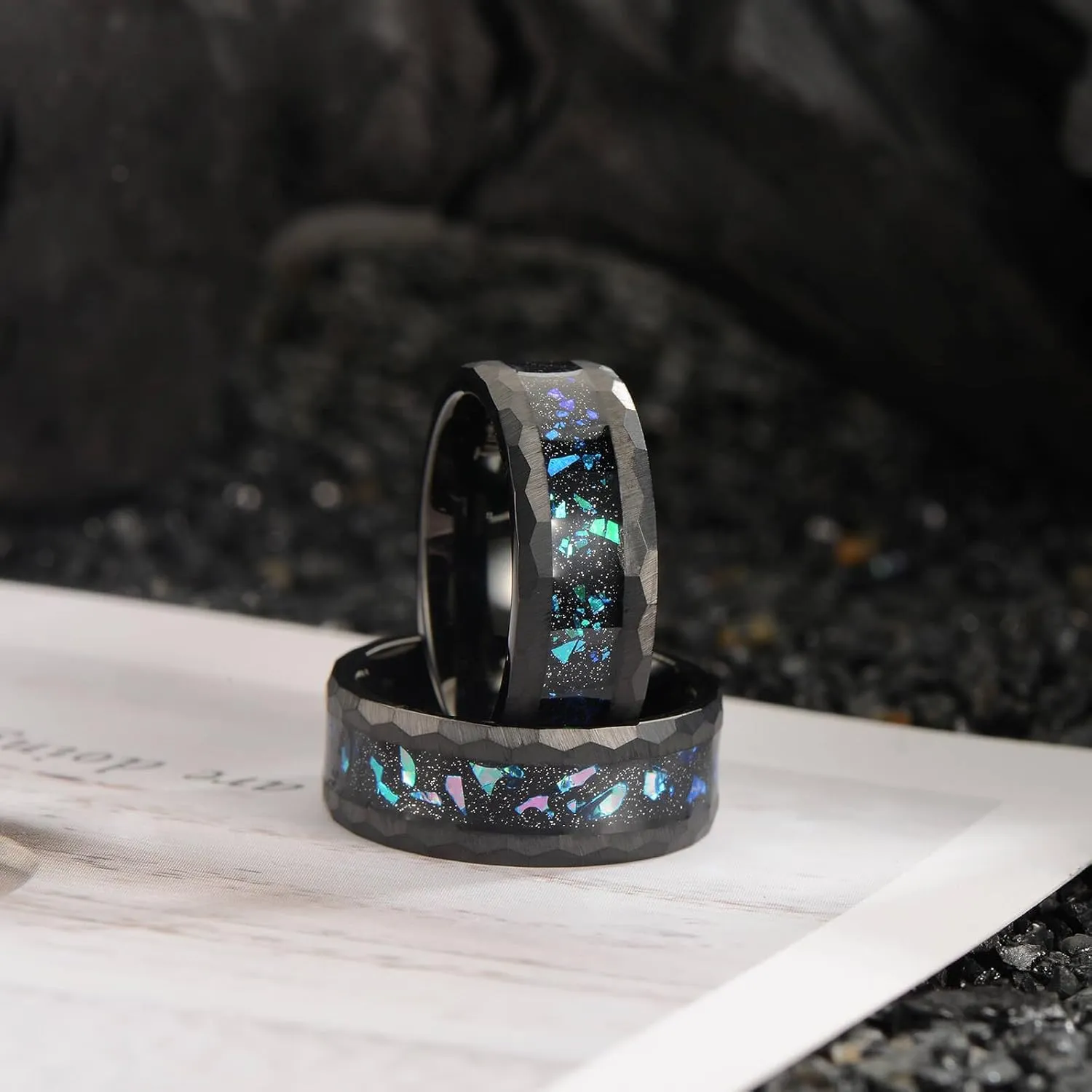 8mm Men's Tungsten Carbide Ring Gold/Black Hammered Meteorite Shavings Gold Foil Inlay Galaxy Nebula Green Opal Engagement Wedding Ring Matte Finish Comfortable Fit