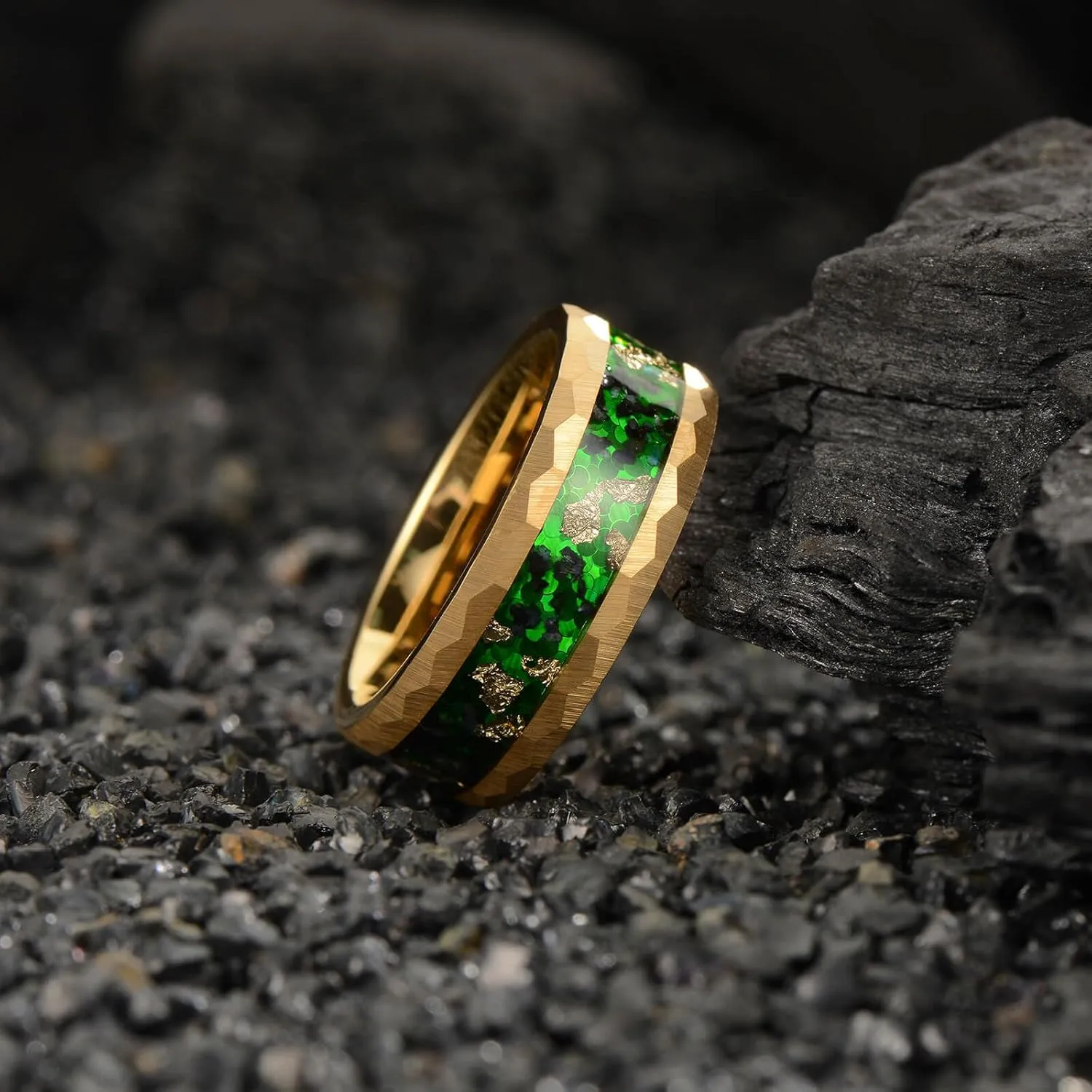 8mm Men's Tungsten Carbide Ring Gold/Black Hammered Meteorite Shavings Gold Foil Inlay Galaxy Nebula Green Opal Engagement Wedding Ring Matte Finish Comfortable Fit