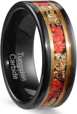 8mm Men's Tungsten Ring Engagement Wedding Ring, Red and Gold Inlay, Black Shiny, Size 7-14, Comes with Gift Box