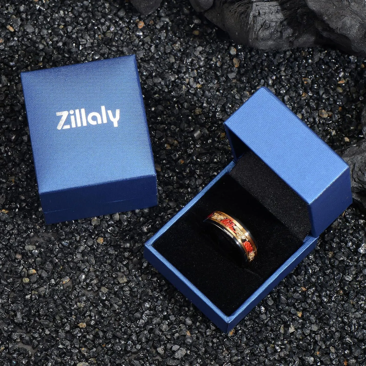 8mm Men's Tungsten Ring Engagement Wedding Ring, Red and Gold Inlay, Black Shiny, Size 7-14, Comes with Gift Box