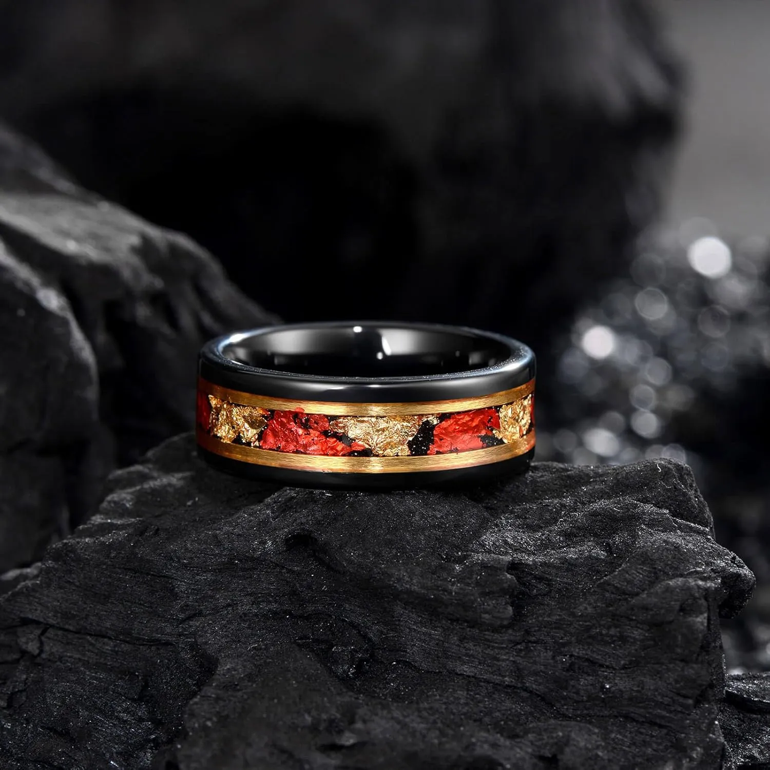 8mm Men's Tungsten Ring Engagement Wedding Ring, Red and Gold Inlay, Black Shiny, Size 7-14, Comes with Gift Box