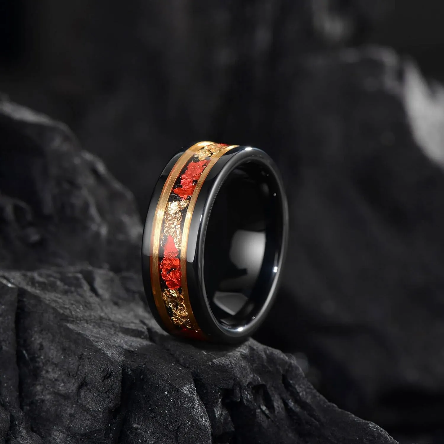 8mm Men's Tungsten Ring Engagement Wedding Ring, Red and Gold Inlay, Black Shiny, Size 7-14, Comes with Gift Box