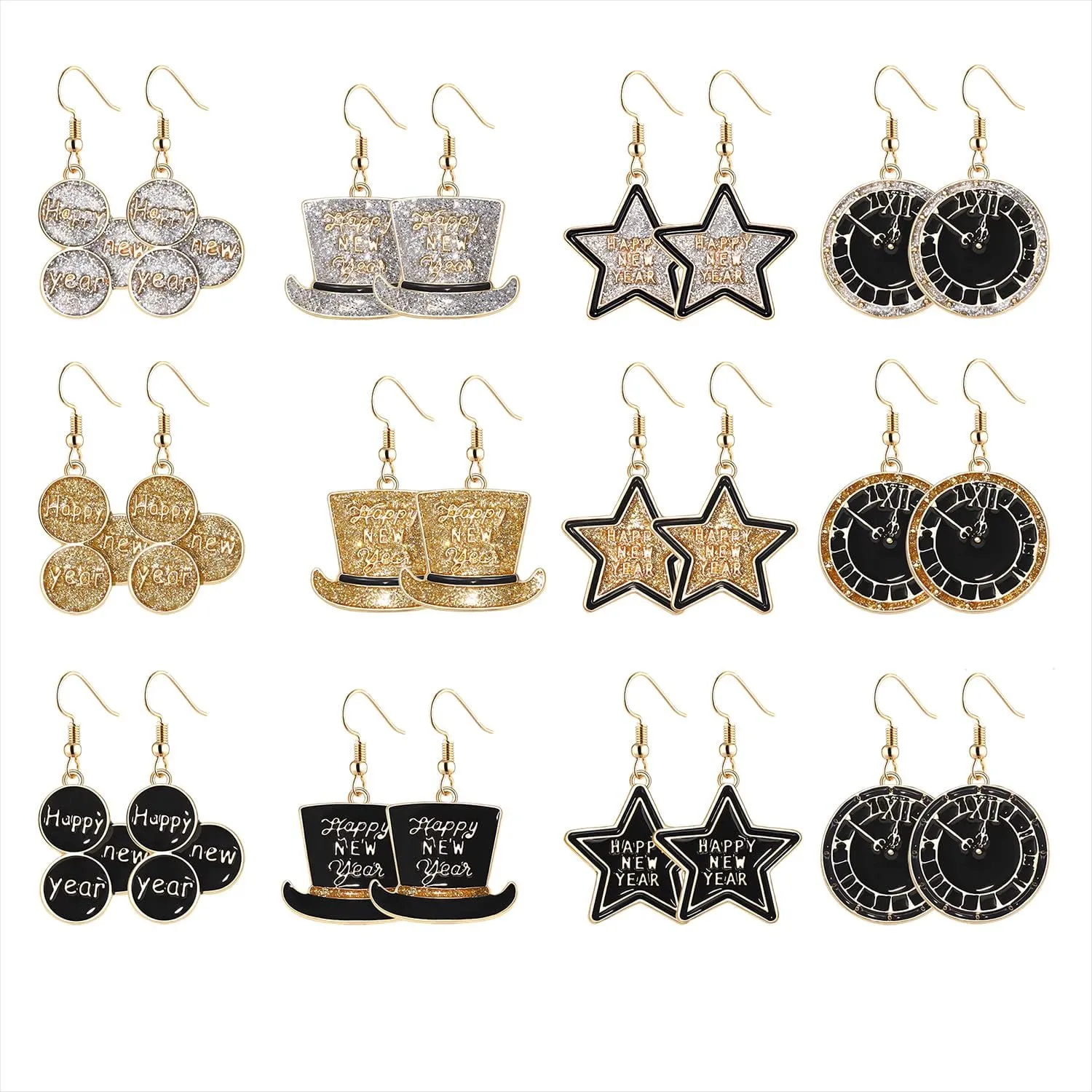 9/12 Pairs New Year Earrings for Women Glitter Clock Star Hat Balloon Drop Dangle Earrings Happy New Year Earrings Set