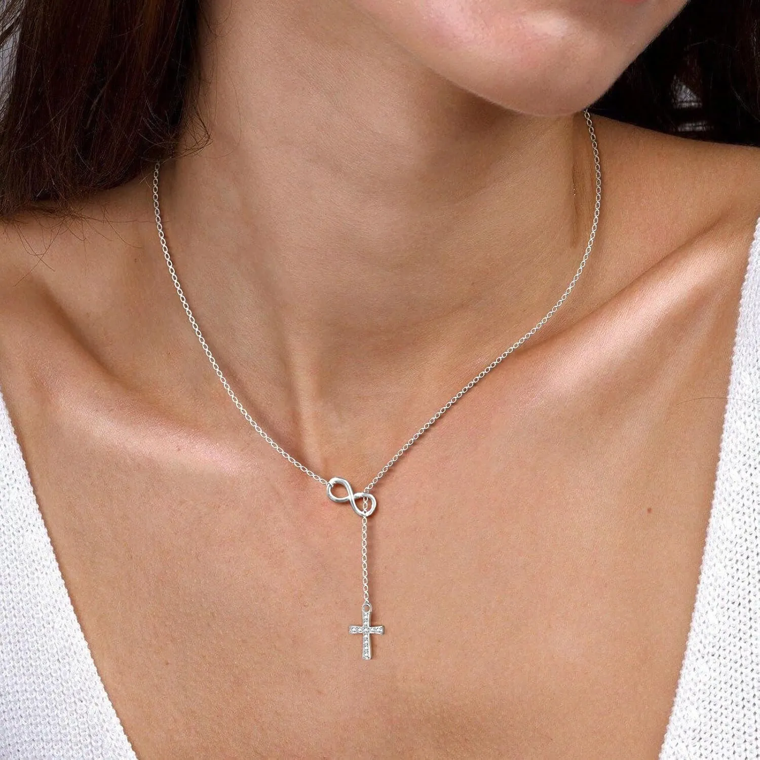 925 Sterling Silver Cross Necklace for Women - Infinity Necklaces for Girls Christian Cross Faith Y-Necklaces Pendant Dainty Trendy Religious Gifts for Her Birthday Baptism