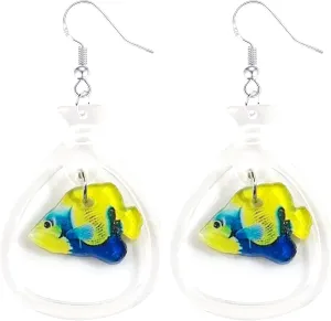 925 Sterling Silver Earrings, Funny Fish Dangle Drop Earrings for Women, Unique Acrylic Resin Water Bag Shape Charm Unusual Fishing Jewelry