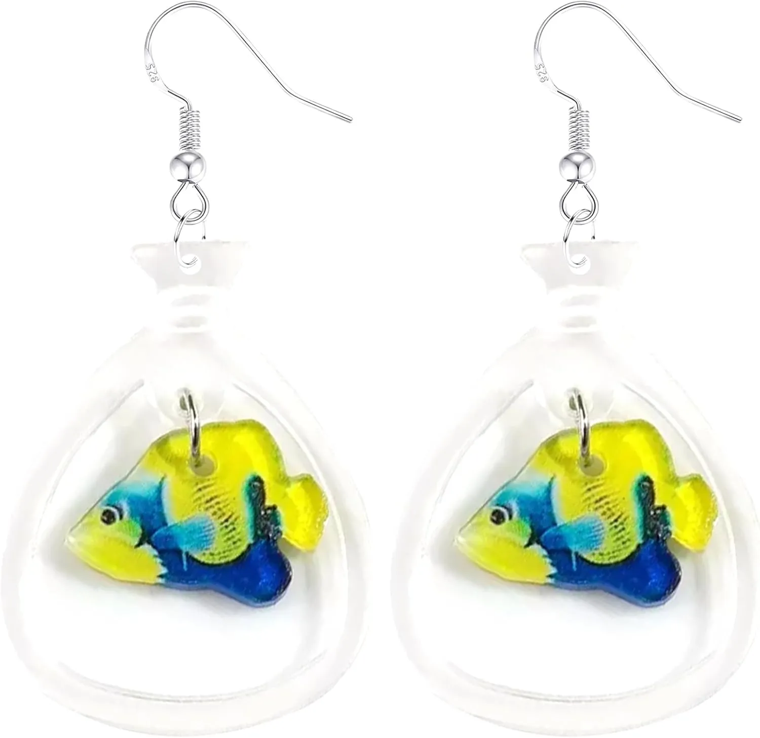 925 Sterling Silver Earrings, Funny Fish Dangle Drop Earrings for Women, Unique Acrylic Resin Water Bag Shape Charm Unusual Fishing Jewelry