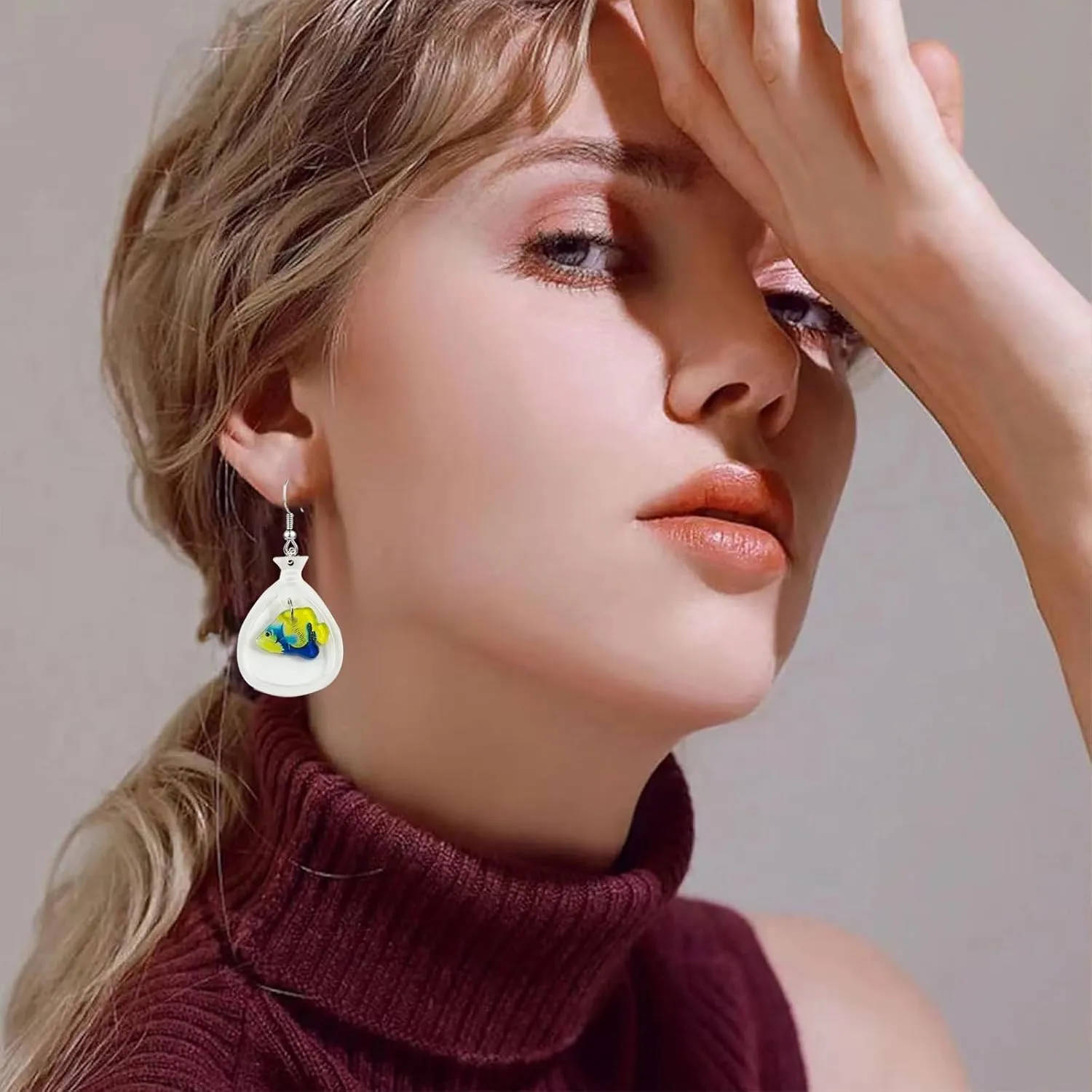 925 Sterling Silver Earrings, Funny Fish Dangle Drop Earrings for Women, Unique Acrylic Resin Water Bag Shape Charm Unusual Fishing Jewelry