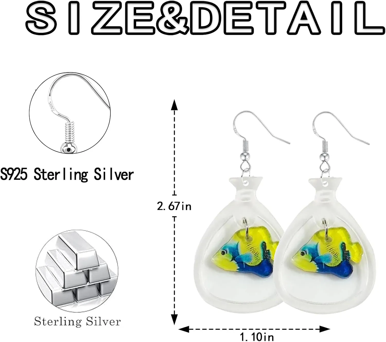 925 Sterling Silver Earrings, Funny Fish Dangle Drop Earrings for Women, Unique Acrylic Resin Water Bag Shape Charm Unusual Fishing Jewelry