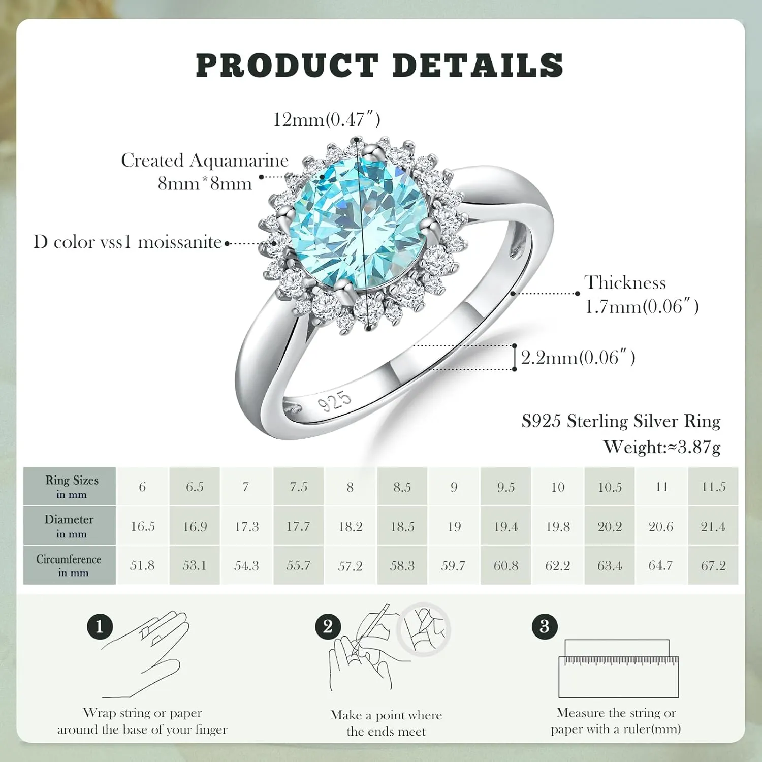 925 Sterling Silver Gemstone Engagement Ring for Women Moissanite/Zircon &Created Amethyst/Aquamarine/Emerald/Ruby/Sapphire Promise Rings Cocktail Wedding Birthday Jewelry