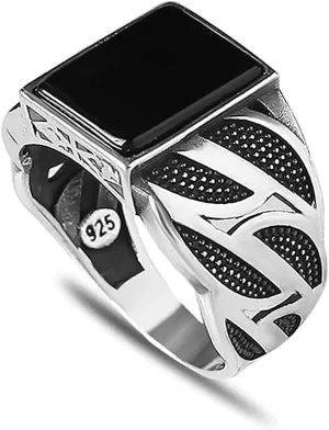 925 Sterling Silver Men's Ring with Onyx Stone, Handmade Engraved Black Onyx Gemstone Ring, Gift for Him, Minimalist Style