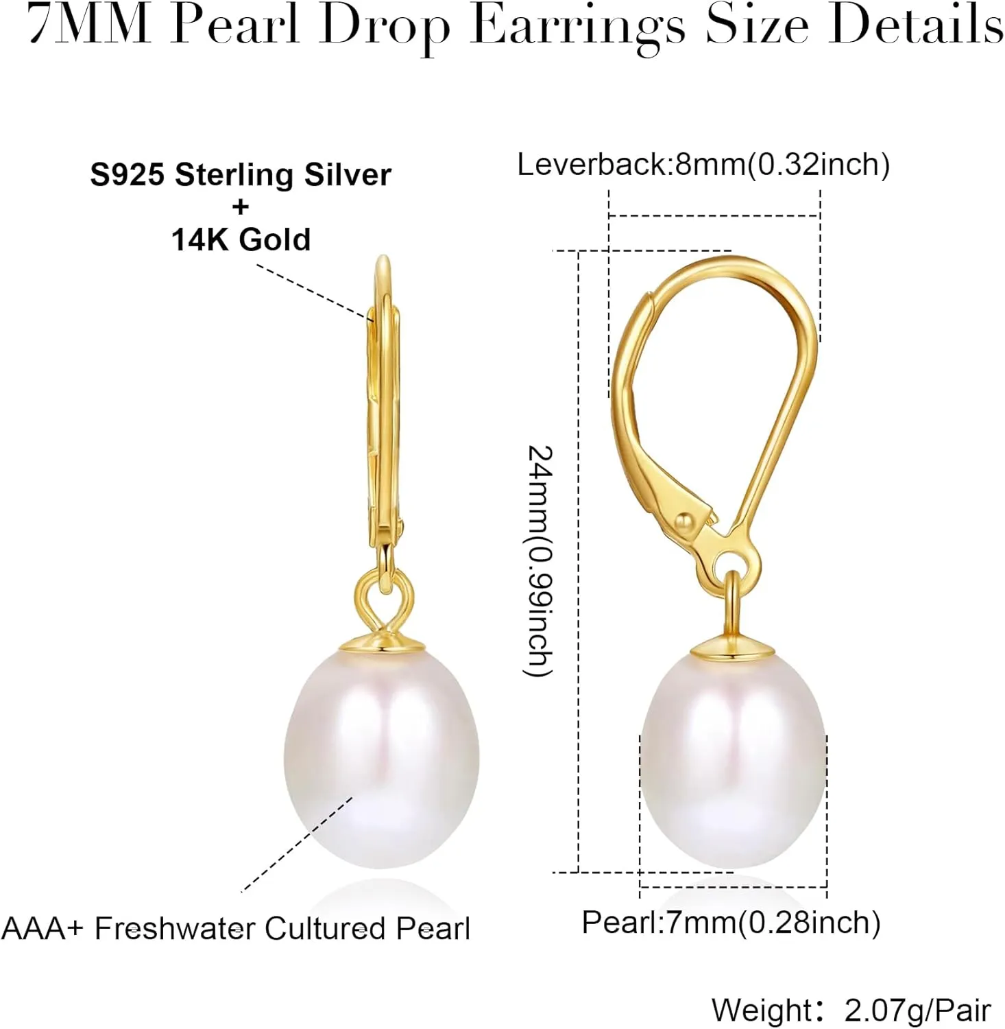 925 Sterling Silver Pearl Earrings for Women14K Gold Plated Leverback Pearl Drop Earrings AAA  Quality Freshwater Cultured Pearl Earrings Jewelry Gifts for Birthday Christmas - Gold/Silver