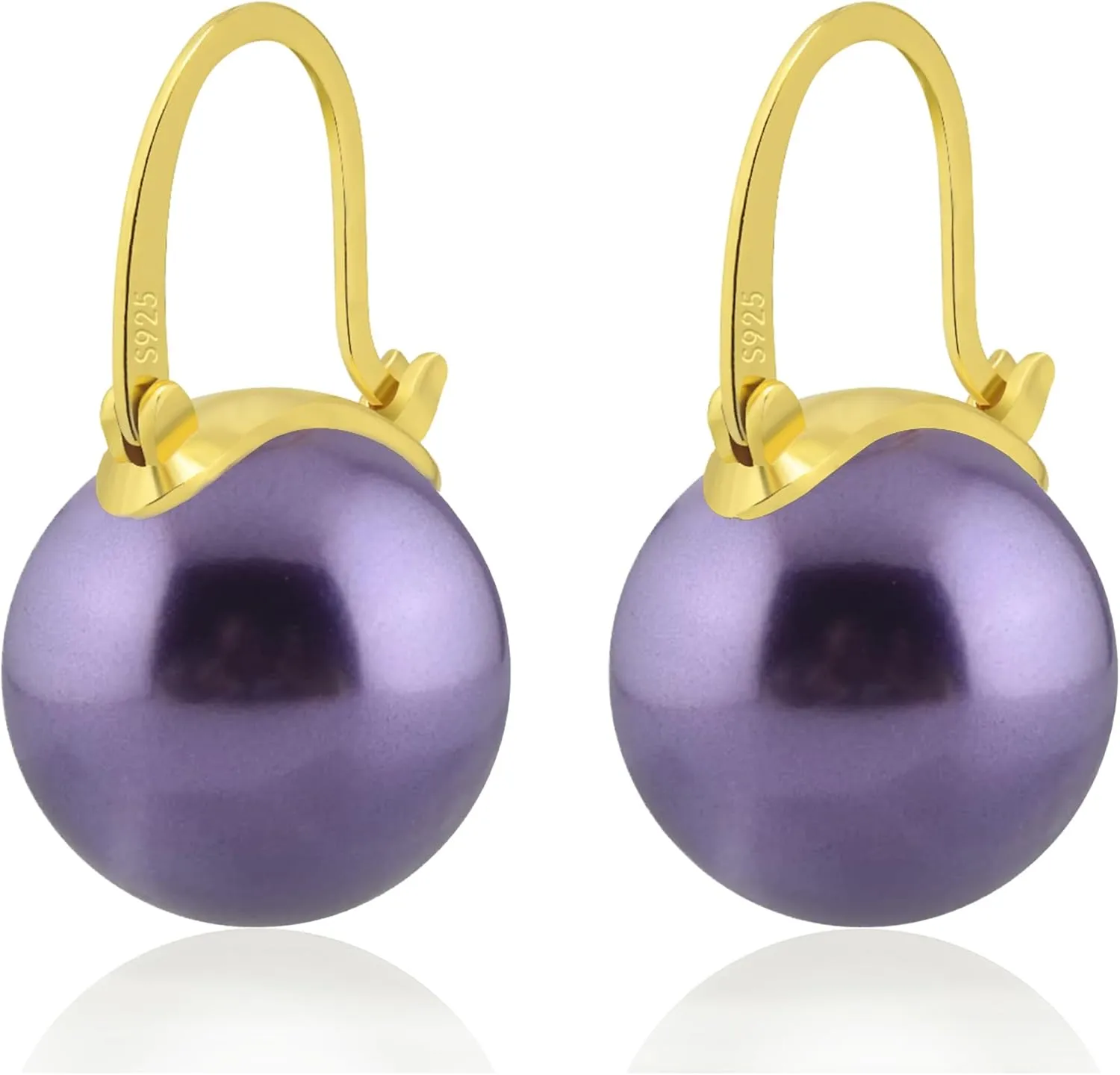 925 Sterling Silver Simulated Shell Pearl Earrings for Women Trendy, Big Pearl Drop Earrings Leverback Stud,14K Gold Plated Large Pearl Hoop Dangle Hypoallergenic Jewelry 14mm