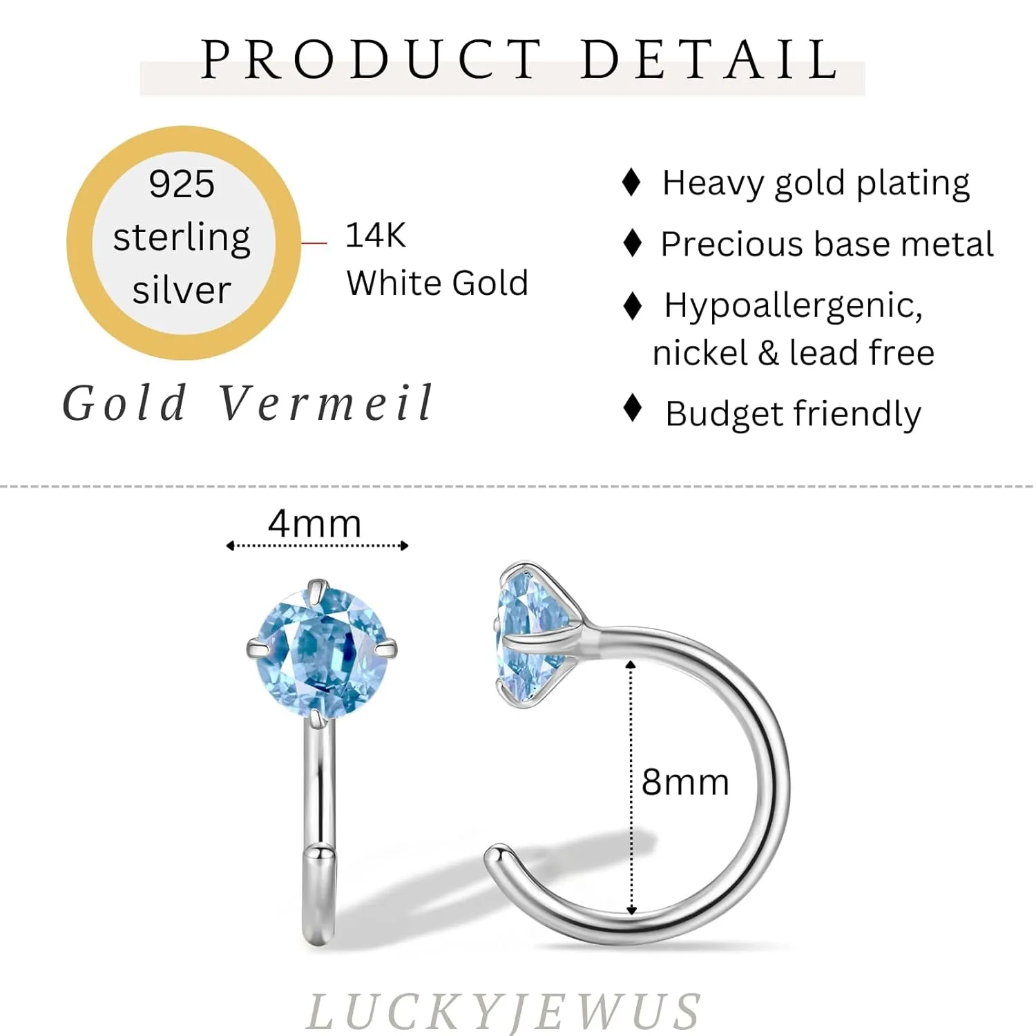 925 Sterling Silver Small Huggie Half Hoop Earrings for Women Girls, Light Blue Aquamarine