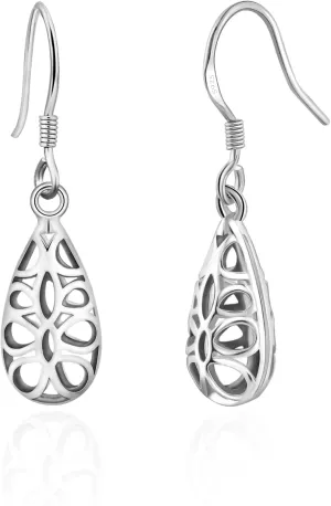 925 Sterling Silver Teardrop Filigree Dangle Earrings - Hypoallergenic Minimalist Celtic Boho Earrings for Trendy Women