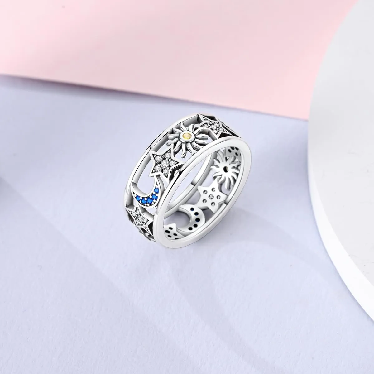 925 Sterling Silver Wedding Band Eternity Rings for Women & | Cubic Zirconia Hollow Design Sun Moon Star Theme | 8mm Wide, Hypoallergenic, Minimalist & Lightweight