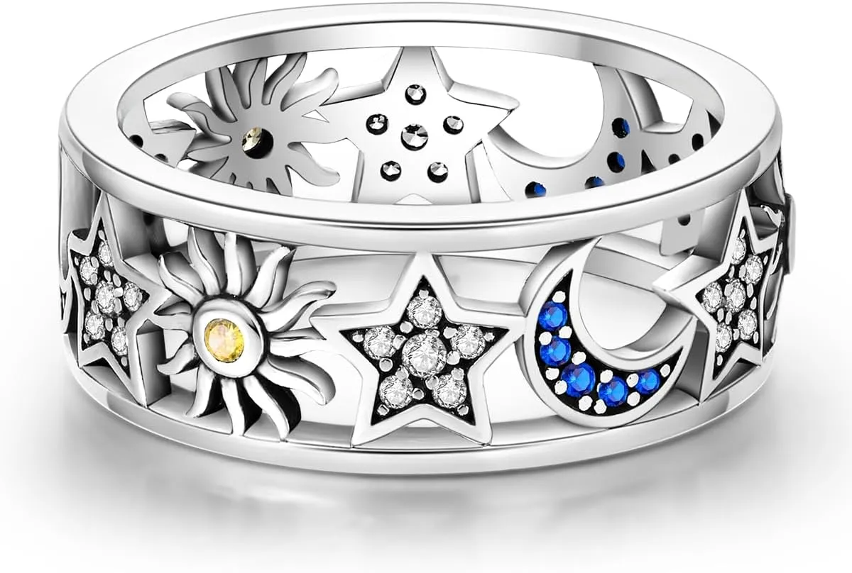 925 Sterling Silver Wedding Band Eternity Rings for Women & | Cubic Zirconia Hollow Design Sun Moon Star Theme | 8mm Wide, Hypoallergenic, Minimalist & Lightweight