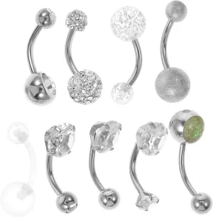 9Pcs Shiny Belly Button Ring Pack Heart Design Navel Rings with Zircon for Women Jewelry for Belly Piercing Dazzling and Accessory