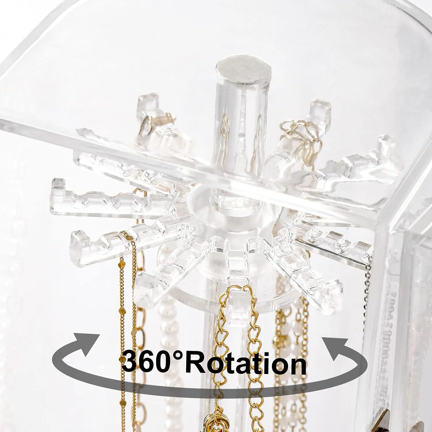 Acrylic Necklace Holder, Clear Necklace Organizer with 24 Hooks, Dustproof Rotation Jewelry Storage Holder Stand, Long Necklaces Pendant Bracelets Display Case for Dresser Bathroom Vanity Countertop
