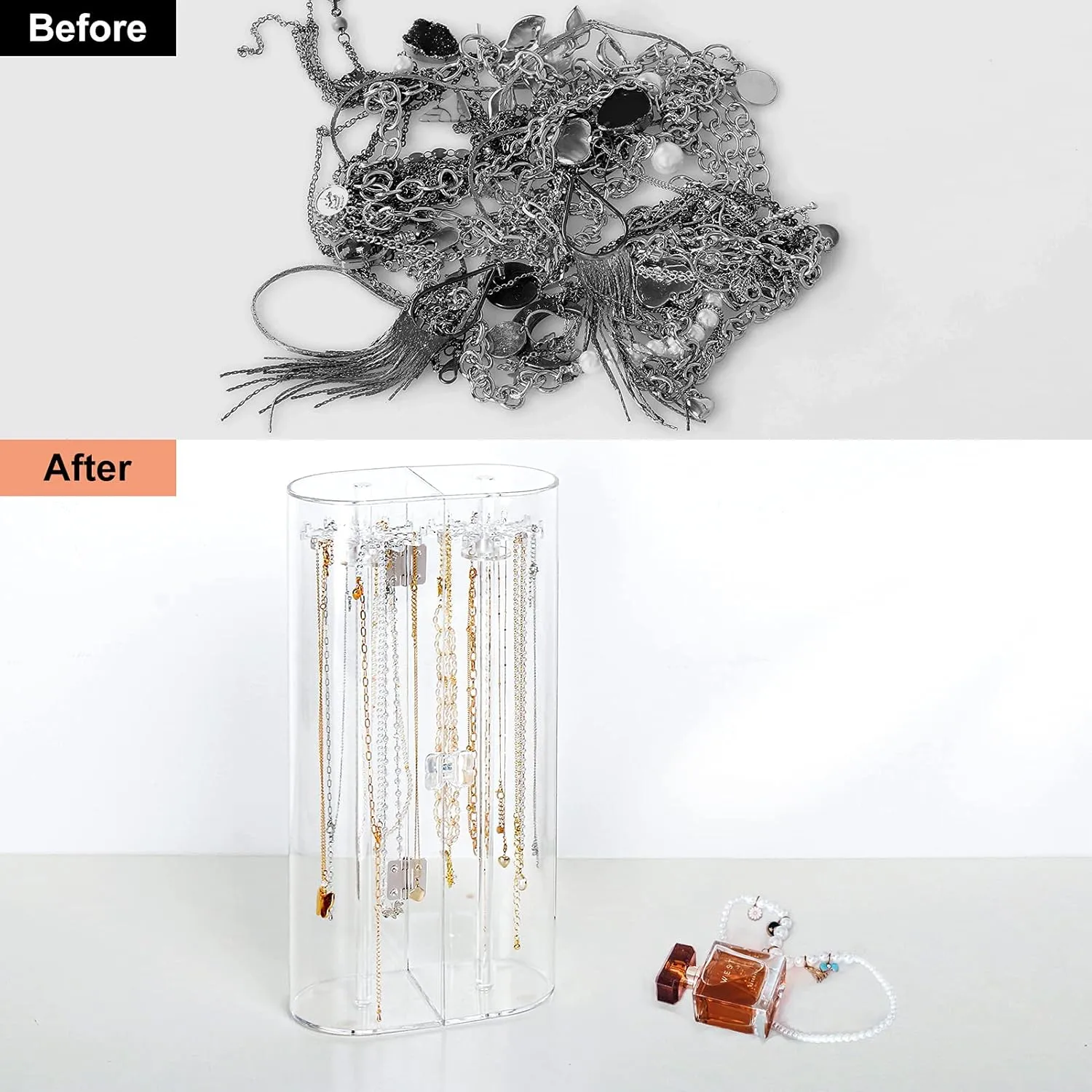 Acrylic Necklace Holder, Clear Necklace Organizer with 24 Hooks, Dustproof Rotation Jewelry Storage Holder Stand, Long Necklaces Pendant Bracelets Display Case for Dresser Bathroom Vanity Countertop
