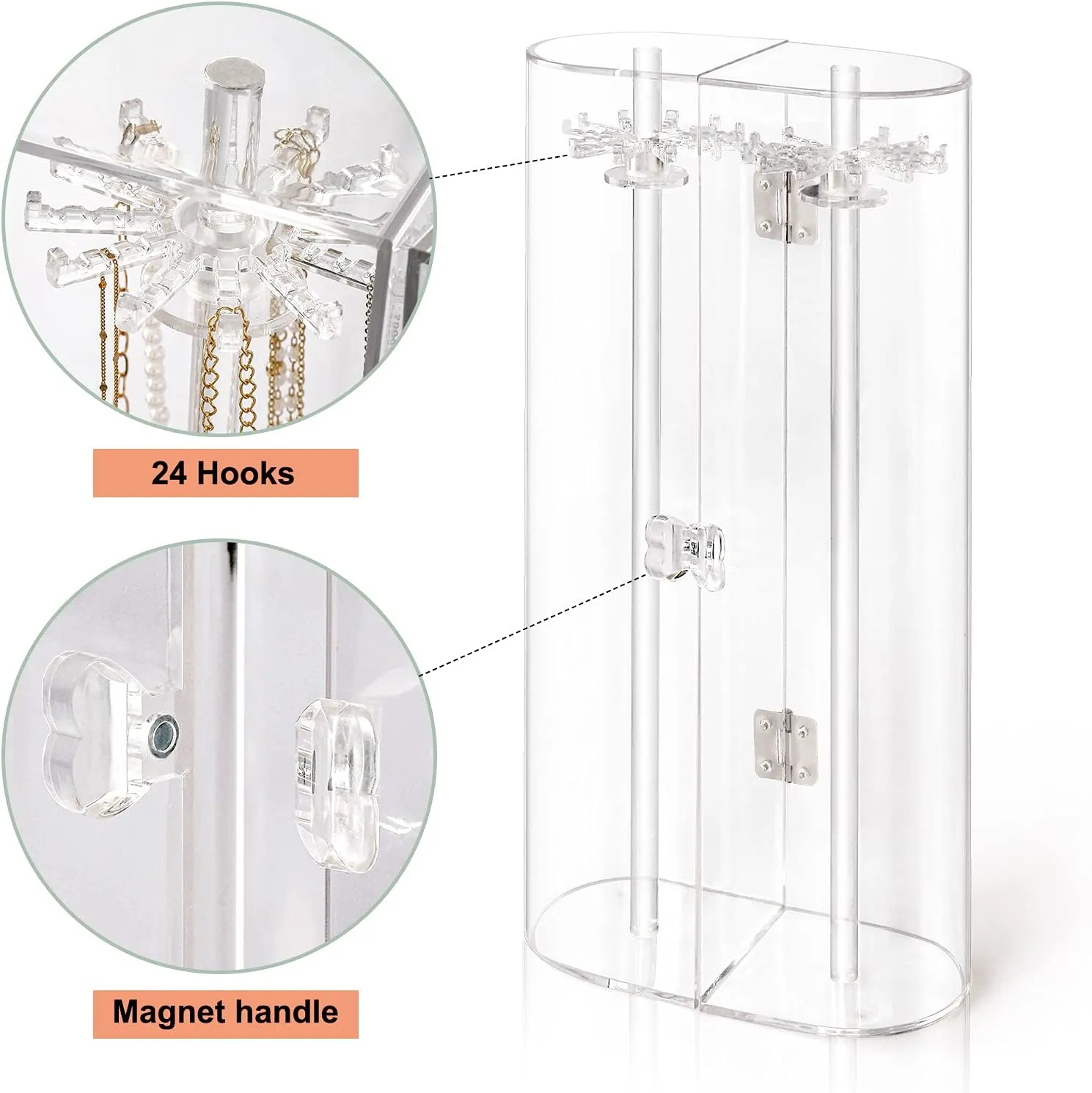 Acrylic Necklace Holder, Clear Necklace Organizer with 24 Hooks, Dustproof Rotation Jewelry Storage Holder Stand, Long Necklaces Pendant Bracelets Display Case for Dresser Bathroom Vanity Countertop